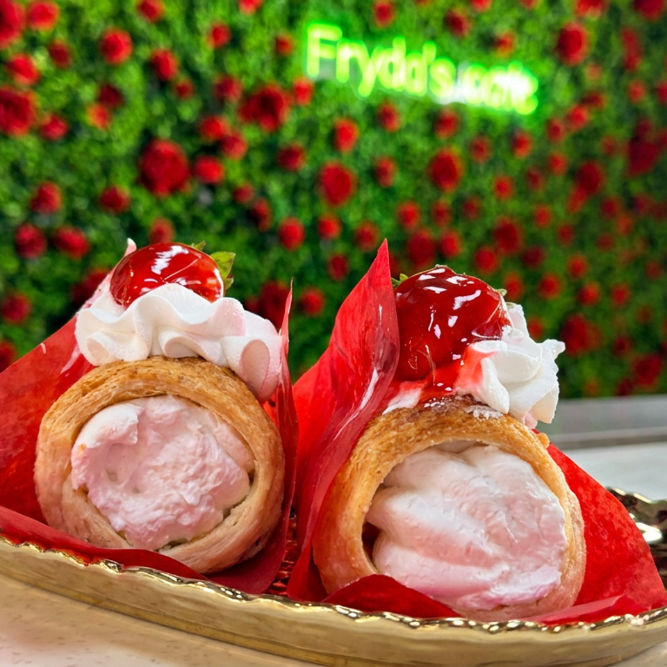 Two pastry cones filled with pink and white cream, topped with whipped cream and cherries, on a decorative platter.