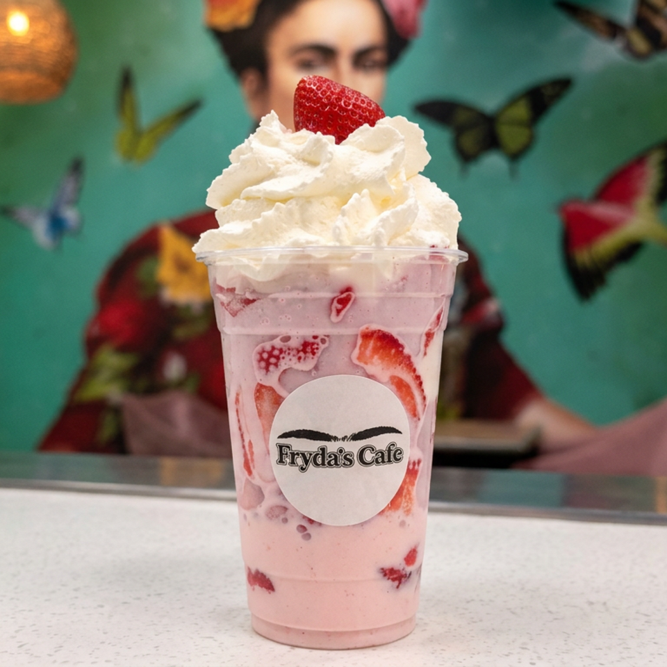 Strawberry cream smoothie topped with whipped cream and a fresh strawberry, displayed at Fryda’s Cafe counter.