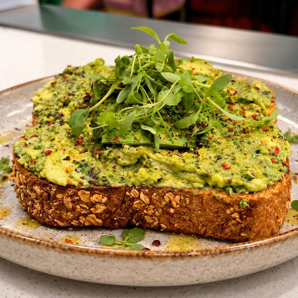Thick seeded toast topped with mashed avocado, greens, herbs, and red pepper flakes on a ceramic plate.