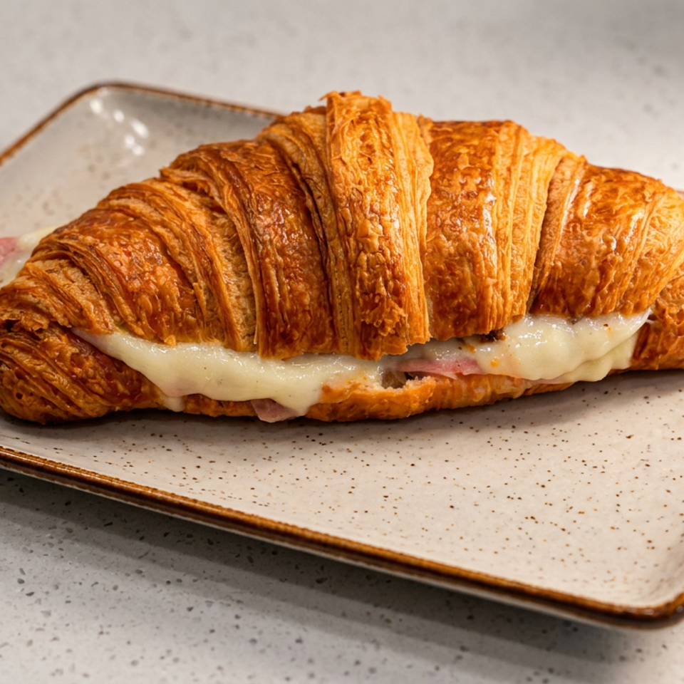 Golden flaky croissant sandwich with melted cheese and ham on a speckled ceramic plate.