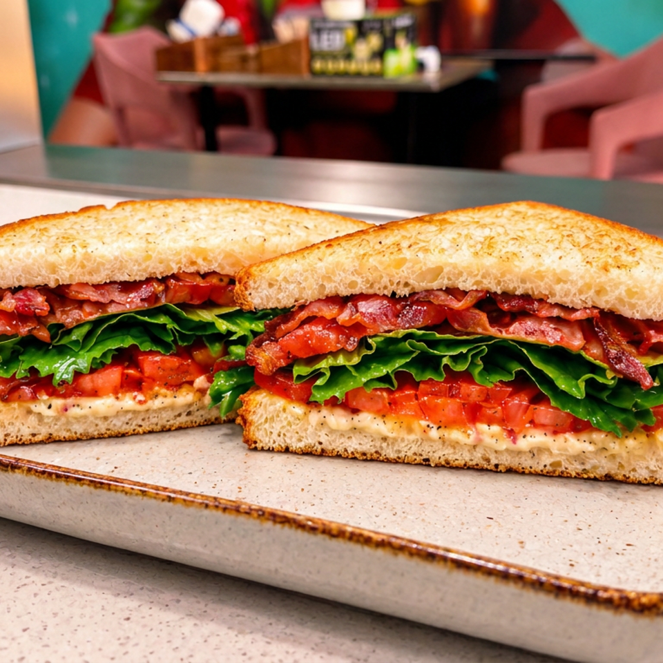 Two toasted bacon, lettuce, and tomato sandwiches with mayonnaise served on a rectangular ceramic plate.