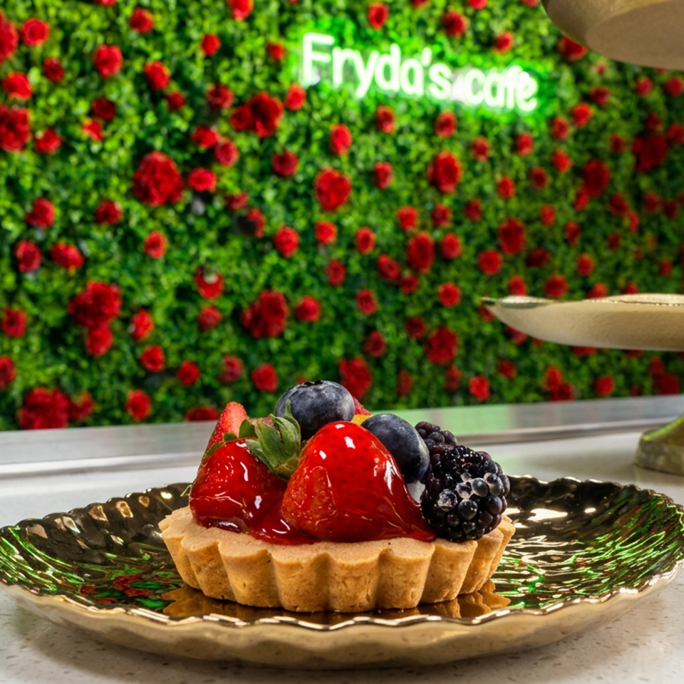 Fruit tart topped with strawberries, blueberries, and blackberries on an ornate plate at Fryda’s cafe.