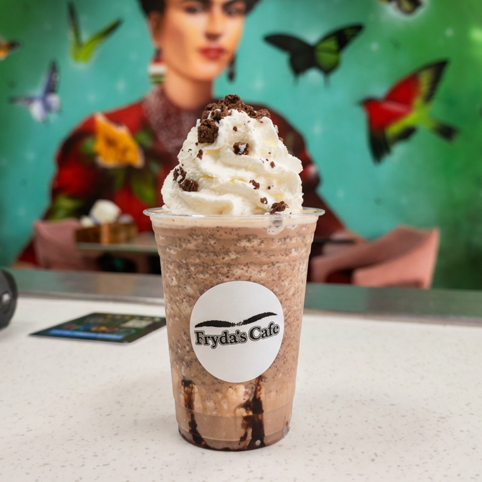 Chocolate frappe topped with whipped cream and cookie crumbs sits on a café counter before a colorful butterfly mural.